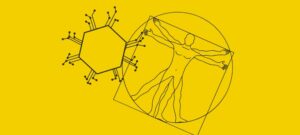 Chip intelligenza artificiale e uomo vitruviano disegno