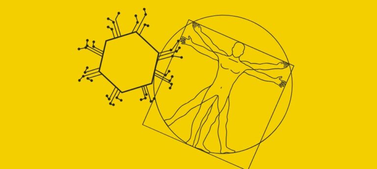 Chip intelligenza artificiale e uomo vitruviano disegno